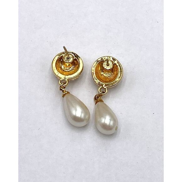 Vintage Earrings Dangles Drops Faux Pearl Drops Rhinestone Unmarked - Picture 2 of 8